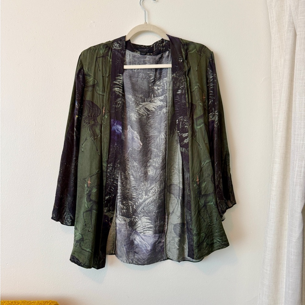 AllSaints Green Patterned Satin Kimono Jacket - Picture 2 of 5